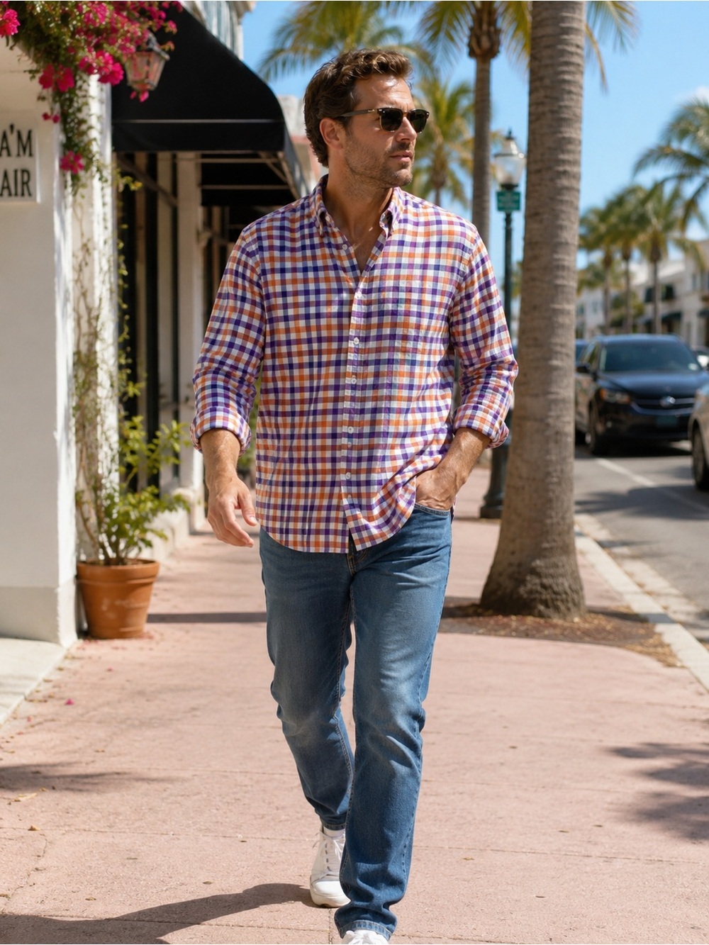 Izod Purple and Orange Gingham Button-Down Shirt